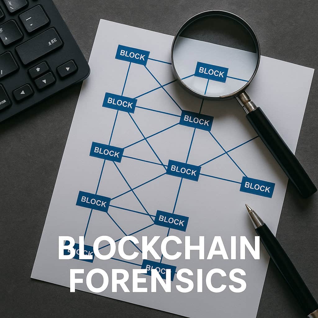 Blockchain forensics analysis with magnifying glass and network diagram.