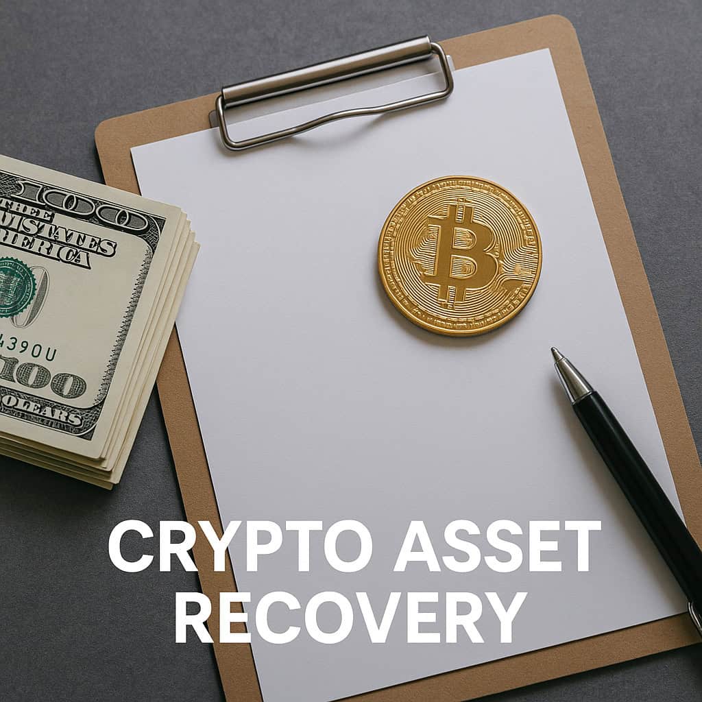 Bitcoin coin on clipboard with cash and pen, symbolizing crypto asset recovery.