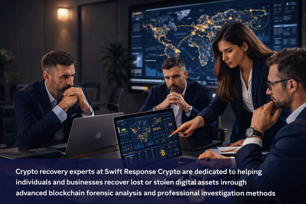 Crypto recovery experts analyzing blockchain data to recover stolen digital assets